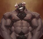  2_horns adios angus_(adios) anthro beard bovid bovine cattle facial_hair fur hairy hi_res horn male mammal muscular muscular_anthro muscular_male nipples pecs pubes smile smiling_at_viewer vein veiny_muscles 