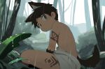  1boy acnhiti arm_tattoo brown_hair child closed_mouth commentary day facial_mark green_eyes kemonomimi_mode leaf male_child male_focus original rain scenery sitting solo symbol-only_commentary tail tattoo tree tribal wolf_boy wolf_tail 