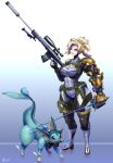 2019 absurd_res ambiguous_gender blizzard_entertainment blue_eyes breasts clothing duo eeveelution female feral gausscannon generation_1_pokemon gun hi_res knife knife_in_mouth melee_weapon mercy_(overwatch) nintendo object_in_mouth overwatch pokemon pokemon_(species) ranged_weapon rifle sniper_rifle standing vaporeon weapon 
