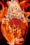  1girl absurdres barefoot bone burning crossed_ankles error fire fujiwara_no_mokou full_body grey_hair hair_between_eyes hand_on_own_cheek hand_on_own_face hand_up highres long_hair looking_at_viewer mizoreshi pants red_eyes red_pants shirt solo suspenders toes torn_clothes touhou tsurime very_long_hair white_shirt wrong_feet 