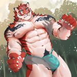  1boy abs animal_ears aqua_male_underwear bamboo bamboo_forest bara bulge crave_saga crotch_grab forest fundoshi furry furry_male grabbing groping japanese_clothes large_hands large_pectorals m7_(m7ishere) male_focus male_pubic_hair mature_male muscular muscular_male nature navel navel_hair nipples orange_fur pectoral_grab pectorals pubic_hair short_hair solo_focus stomach thick_eyebrows thick_thighs thighs tiger_boy tiger_ears topless_male two-tone_fur yata_no_kagami_(crave_saga) 
