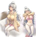  1girl ahoge blue_eyes blush bra breasts collarbone grey_hair hair_between_eyes highres jewelry kantai_collection kokuzou large_breasts long_hair long_sleeves multiple_views navel necklace off-shoulder_sweater off_shoulder open_mouth pantyhose pink_bra pink_skirt pleated_skirt skirt sweater underwear washington_(kancolle) white_pantyhose yellow_sweater 