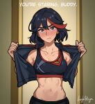  1girl abs ahoge artist_name bare_shoulders black_hair black_jacket black_pants black_sports_bra blue_eyes blurry blurry_background blush bob_cut breasts cleavage collarbone commentary cropped_jacket doorway embarrassed english_commentary english_text frown head_tilt highres holding holding_sign indoors jacket kill_la_kill laylaletsyou looking_at_viewer matoi_ryuuko medium_breasts midriff multicolored_hair navel nose_blush open_clothes open_jacket opened_by_self pants parted_lips red_hair senketsu short_hair sign solo sports_bra star-shaped_pupils star_(symbol) streaked_hair sweat sweatpants symbol-shaped_pupils thick_eyebrows tomboy toned two-tone_hair upper_body upturned_eyes v-shaped_eyebrows very_sweaty 