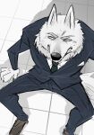  anthro black_nose blue_eyes bodily_fluids bottomwear canid canine canis clothed clothing eyebrows footwear fully_clothed fur hi_res illumination_entertainment jimmy_crystal koginoro_28 mammal necktie pants shoes sing_(movie) solo suit sweat white_body white_ears white_fur white_inner_ear wolf 