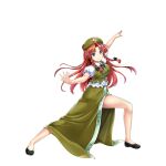  1girl :&gt; beret black_footwear braid breasts chinese_clothes closed_mouth embodiment_of_scarlet_devil full_body game_cg green_eyes green_headwear green_skirt hat hat_ornament highres hong_meiling large_breasts long_hair looking_at_viewer parted_bangs red_hair rotte_(1109) short_sleeves side_braids simple_background skirt smile solo star_(symbol) star_hat_ornament third-party_source touhou touhou_lost_word twin_braids white_background 