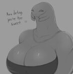  &lt;3 alien big_breasts blush blush_lines breasts cleavage clothed clothing dialogue dress english_text eyes_closed female freckles greyscale halo_(series) happy hi_res huge_breasts humanoid jewelry kierus microsoft monochrome necklace sangheili sketch solo strapless_clothing talking_to_viewer text xbox_game_studios 