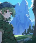  1girl absurdres camouflage camouflage_headwear camouflage_shirt camouflage_skirt closed_mouth flat_cap green_eyes green_hair green_headwear hat highres kame_(kamepan44231) key mountain shirt short_hair short_sleeves skirt solo touhou tree yamashiro_takane 