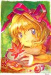  1girl blonde_hair blue_eyes closed_mouth commentary food fruit green_background hair_ribbon highres holding holding_leaf leaf looking_at_viewer medicine_melancholy medinki nut_(food) red_ribbon ribbon short_hair short_sleeves signature solo touhou 