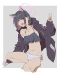  1girl animal_ears bare_legs barefoot black_hair black_jacket blue_archive blush breasts cat_ears colored_inner_hair extra_ears fff47474 full_body hair_ornament hairclip halo happy highres hood hooded_jacket jacket kazusa_(blue_archive) looking_at_viewer multicolored_hair navel open_clothes open_jacket open_mouth panties pink_hair short_hair small_breasts smile solo squatting two-tone_hair underwear v white_panties 