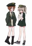  2girls absurdres bandages black_footwear black_necktie black_ribbon blazer boko_(girls_und_panzer) boots brown_eyes brown_hair camouflage camouflage_headwear closed_mouth combat_boots commentary cross-laced_footwear dress_shirt girls_und_panzer green_headwear green_jacket hair_ribbon hands_in_pockets hat highres holding holding_stuffed_toy jacket japan_ground_self-defense_force japan_self-defense_force light_brown_hair long_hair looking_at_another loose_necktie military military_hat military_jacket multiple_girls necktie nishizumi_miho no_pants no_socks one_side_up patrol_cap peaked_cap ri_(qrcode) ribbon shimada_arisu shirt shoes short_hair short_sleeves simple_background smile sneakers standing stuffed_animal stuffed_toy t-shirt teddy_bear white_background white_shirt 