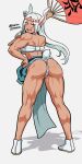  1girl :d absurdres animal_ears ass bare_arms bare_shoulders boku_no_hero_academia breasts clenched_hand dark-skinned_female dark_skin from_behind full_body fundoshi hand_fan hand_on_own_hip harurukan headband highres holding holding_fan japanese_clothes large_breasts leaning_forward legs long_eyelashes long_hair looking_at_viewer looking_back median_furrow mirko muscular muscular_female open_mouth oversized_object parted_bangs pelvic_curtain rabbit_ears rabbit_girl rabbit_tail red_eyes sarashi shadow smile solo tail tail_through_clothes thighs twitter_username underboob upper_body white_footwear white_hair 