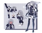  ... 1boy 1girl ahoge bare_shoulders black_shirt black_thighhighs blonde_hair blue_eyes blush colored_skin fur-trimmed_jacket fur_trim grey_eyes grey_hair grey_jacket grey_skin highres jacket lee_(punishing:_gray_raven) leg_tattoo mao_(expuella) mechanical_arms multiple_persona original punishing:_gray_raven shirt sleeveless sleeveless_shirt tattoo thighhighs 