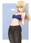 1girl black_pantyhose blonde_hair blue_bra blue_panties blush bra breasts glasses highres long_hair navel panties panties_under_pantyhose pantyhose perrine_h._clostermann small_breasts solo standing strike_witches underwear varie7k world_witches_series yellow_eyes 