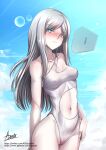  1girl adsouto arm_at_side blue_eyes breasts covered_nipples fate/grand_order fate_(series) galatea_(fate) glowing glowing_eyes hand_on_own_hip highres long_hair looking_at_viewer navel pale_skin signature small_breasts swimsuit white_hair 