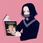  1boy asian bella_scottland black_eyes black_hair book covered_mouth feitan_portor holding holding_book hunter_x_hunter long_sleeves male_focus open_book pale_skin parody_request parted_bangs pink_background reading shirt short_hair solo upper_body wide-eyed 