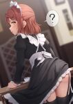  1girl ? alternate_costume apron black_dress black_garter_straps black_thighhighs blurry blurry_background commentary_request cup dress enmaided garter_straps highres holding_cloth looking_at_viewer looking_back love_live! love_live!_nijigasaki_high_school_idol_club maid maid_apron maid_headdress medium_hair pink_hair solo spoken_question_mark table teacup thighhighs toyasu_aina uehara_ayumu wiping yellow_eyes 