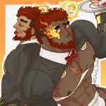  2boys :p abs back-to-back bara bare_pectorals beard blush bulge_peek dark-skinned_male dark_skin envysoda eyebrow_cut facial_hair flaming_eye from_above hephaestus_(housamo) holding holding_tray jitome large_pectorals looking_at_viewer male_focus mature_male multiple_boys muscular muscular_male mustache_stubble navel nipples official_alternate_costume pectorals red_eyes scar scar_on_chest short_hair shrug_(clothing) stomach talos_(housamo) thick_eyebrows tokyo_afterschool_summoners tongue tongue_out tray upper_body very_dark_skin 