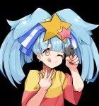  1girl :p bee_sempai black_background blue_hair blue_ribbon blunt_bangs blush bow bow_hairband gun hair_ribbon hairband holding holding_gun holding_weapon hoshikawa_lily light_blue_hair long_hair looking_at_viewer meme one_eye_closed ribbon shirt smile star_(symbol) striped striped_bow striped_ribbon t-shirt tongue tongue_out twintails weapon white_ribbon yellow_eyes zombie_land_saga 