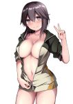  1girl absurdres areola_slip blush breasts brown_eyes brown_hair cleavage commentary_request green_jacket hair_between_eyes halterneck hayasui_(kancolle) highres jacket kantai_collection kuromayu large_breasts looking_at_viewer naked_jacket open_clothes open_jacket partially_unzipped short_hair simple_background smile solo v white_background 