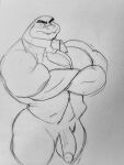  anthro anthrofied balls big_balls big_muscles big_pecs big_penis bluejewel1999 clothing crossed_arms dreamworks eyebrows fangs flaccid genitals hi_res humanoid_genitalia humanoid_penis male monochrome mr._snake_(the_bad_guys) muscular muscular_male pecs penis polo_shirt reptile scalie shirt sketch snake solo teeth the_bad_guys topwear v-neck 