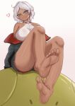  1girl absurdres bare_shoulders barefoot black_jacket black_shorts blue_eyes blush breasts choker closed_mouth commentary_request dark-skinned_female dark_skin feet foot_focus grey_hair gundam gundam_suisei_no_majo heart heart-shaped_pupils highres jacket jacket_partially_removed large_breasts legs looking_at_viewer secelia_dote shinonome_(shinonome_rynn) shirt shorts simple_background sleeveless sleeveless_shirt smug soles solo symbol-shaped_pupils toes white_background white_choker 
