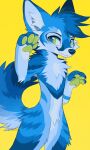  2023 anthro aseethe canid canine canis cheek_tuft coyote digital_media_(artwork) facial_tuft fox green_pawpads head_tuft hi_res hybrid inner_ear_fluff looking_at_viewer mammal nude pawpads signature simple_background smile solo tuft yellow_background 
