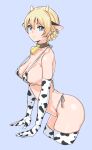  1girl absurdres animal_collar animal_ears animal_print bell bikini blonde_hair blue_background blue_eyes braid breasts closed_mouth collar cow_ears cow_horns cow_print cropped_legs darjeeling_(girls_und_panzer) elbow_gloves from_side girls_und_panzer gloves highres horns kuppipi_ramutarou leaning_forward looking_at_viewer medium_breasts neck_bell print_bikini print_gloves print_legwear short_hair side-tie_bikini_bottom simple_background skindentation smile solo standing string_bikini swimsuit thighhighs white_bikini white_gloves white_thighhighs 