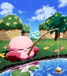  aruco_co blue_sky blush blush_stickers closed_eyes closed_mouth cloud day fishing fishing_rod flower grass highres hill holding holding_fishing_rod kirby kirby_(series) lily_pad no_humans on_grass outdoors pink_flower reflection reflective_water sitting sky smile solo tree water yellow_flower 