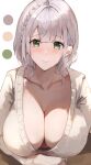  1girl blush braid breasts cleavage closed_mouth collarbone green_eyes highres hololive large_breasts shirogane_noel short_hair smile solo sweater virgo76612871 virtual_youtuber white_hair white_sweater 