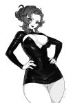  1girl artist_name brassica breasts cleavage_cutout clothing_cutout commission cowboy_shot curly_hair dress greyscale hair_bun hands_on_own_hips highres latex latex_dress linea_alba lipstick long_sleeves makeup medium_breasts monochrome original solo thigh_gap turtleneck_dress 