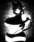  1girl animal_ears bare_shoulders blunt_bangs bow braid breasts cat_ears cat_girl cat_tail closed_mouth commentary_request cowboy_shot curvy extra_ears greyscale hair_bow haseru_(ginku_mh) huge_breasts kaenbyou_rin looking_at_viewer monochrome multiple_tails nekomata panties pointy_ears short_shorts shorts side_braids sidelocks smile solo tail thighhighs touhou twin_braids two_tails underboob underwear wrist_cuffs 