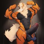  abs anthro arcanine balls big_balls big_penis black_body black_fur bodily_fluids canid clothing erection flexing fluffy fluffy_tail fur generation_1_pokemon genital_fluids genitals grin hi_res huge_penis kliffton male mammal muscular muscular_anthro muscular_male nintendo nipples nude orange_body orange_fur pecs penis pokemon pokemon_(species) precum smile solo tail teeth thick_penis torn_clothing 