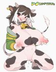  absurd_res anthro bell bell_collar black_hair black_spots blush bodily_fluids bovid bovine breasts cattle collar female genital_fluids genitals hair hi_res horn lactating lumpypaca mammal mostly_nude nipples open_mouth pussy pussy_juice red_eyes solo spots spotted_body white_body 