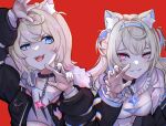  2girls absurdres animal_ear_fluff animal_ears belt_collar black_collar black_jacket blonde_hair blue_eyes blue_hair breasts cleavage cleavage_cutout clothing_cutout collar cropped_jacket cropped_shirt dog_ears dog_girl dress fur-trimmed_jacket fur_trim fuwawa_abyssgard harikyon_dzs headphones headphones_around_neck highres hololive hololive_english jacket large_breasts long_hair looking_at_viewer medium_hair mococo_abyssgard multicolored_hair multiple_girls open_clothes pink_eyes pink_hair red_background shirt siblings sisters small_breasts smile streaked_hair twins virtual_youtuber white_dress white_shirt 