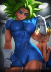  1boy 1girl absurdres biting blonde_hair blue_bodysuit blue_eyes bodysuit breasts cabba cameltoe collaboration covered_abs covered_navel dragon_ball dragon_ball_super earrings elite_nappa gloves green_hair highres indoors jewelry kefla_(dragon_ball) large_breasts lip_biting looking_back novasayajingoku potara_earrings see-through short_sleeves spiked_hair super_saiyan super_saiyan_1 white_gloves wide-eyed 