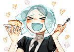  &gt;_&lt; 1other :d ^_^ androgynous aqua_eyes aqua_hair aqua_nails blush cake closed_eyes collared_shirt crystal_hair flower food gem gem_uniform_(houseki_no_kuni) heart high_collar holding holding_plate houseki_no_kuni iciriini nail_polish necktie open_mouth other_focus parted_bangs phosphophyllite plate pudding puffy_short_sleeves puffy_sleeves saliva shirt short_hair short_sleeves simple_background smile solo translucent translucent_hair white_background white_shirt wing_collar xd 