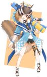  1girl animal_ears brown_eyes brown_hair chipmunk_ears chipmunk_girl chipmunk_tail dress extra_ears hair_ornament highres kemono_friends kemono_friends_v_project looking_at_viewer open_mouth ribbon sailor_dress sandals short_hair siberian_chipmunk_(kemono_friends) simple_background solo tail virtual_youtuber vulpesgentiana water_gun 