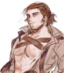  1boy adventurer_(ff14) bara beard_stubble blush brown_theme chest_harness final_fantasy_xiv_dawntrail flying_sweatdrops hair_slicked_back harness highres lno408 looking_ahead male_focus mature_male medium_hair mustache_stubble pectoral_cleavage pectorals scar scar_across_eye sketch solo thick_eyebrows upper_body warrior_of_light_(ff14) 