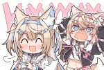  2girls @_@ animal_ear_fluff animal_ears bandaid_hair_ornament belt black_jacket blonde_hair blue_eyes blue_hair blue_headband closed_eyes confused controller cropped_shirt dog_ears dog_girl dog_tail dress fang fur-trimmed_jacket fur_trim fuwawa_abyssgard game_controller hair_between_eyes hair_intakes hair_ornament hairclip hairpin happy headband highres holding holding_controller holding_game_controller hololive hololive_english jacket kukie-nyan long_hair mococo_abyssgard multicolored_hair multiple_girls navel open_mouth pink_belt pink_hair pink_headband pink_trim playing_games shirt short_hair siblings sisters streaked_hair tail twins upper_body virtual_youtuber white_dress white_shirt x_hair_ornament 