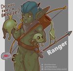  absurd_res amphibian arrow_(weapon) beady_eyes big_ears black_eyes blue_hair bow_(weapon) critterstew crown dagger dialogue feral frog genitals goblin green_body green_skin grey_background grey_scarf hair headgear hi_res humanoid humanoid_pointy_ears male melee_weapon nude oblivious penis quiver_(arrows) ranged_weapon scar scarf simple_background solo text weapon yellow_eyes 