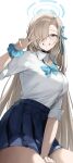  1girl asuna_(blue_archive) blonde_hair blue_archive blue_bow blue_bowtie blue_eyes blue_halo blue_nails blue_scrunchie blue_skirt bow bowtie breasts collarbone commentary dorook hair_over_one_eye halo hand_up highres large_breasts long_hair looking_at_viewer loose_bowtie one_eye_covered open_mouth pleated_skirt school_uniform scrunchie shirt shirt_tucked_in simple_background skirt sleeves_rolled_up smile solo upper_body v very_long_hair white_background white_shirt wrist_scrunchie 