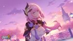  1girl arms_behind_back black_sleeves blue_eyes breasts cleavage cloud cloudy_sky elysia_(honkai_impact) elysia_(miss_pink_elf)_(honkai_impact) fence highres honkai_(series) honkai_impact_3rd lamppost large_breasts logo long_hair long_sleeves looking_at_viewer official_art official_wallpaper outdoors parted_lips pink_sky pointy_ears sky smile solo tree upper_body white_tree 