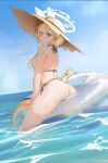  1girl ass behalter bikini blonde_hair blue_eyes blue_hair braid braided_ponytail breasts broken_halo english_text glasses halo hat in_water innertube large_breasts light_blue_hair long_hair looking_at_viewer looking_back multicolored_hair multiple_halos original raphael_(behalter) solo straw_hat swimsuit wet white_bikini 