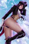  ass black_hair blue_eyes blue_sky boots corset dc_comics fishnets gloves hat high_heel_boots high_heels highres jacket lightning looking_at_viewer prywinko sky top_hat white_gloves zatanna_zatara 