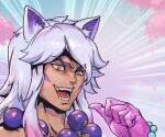  1boy :d animal_ears bead_bracelet bead_necklace beads bracelet dio_brando grey_hair jewelry jojo_no_kimyou_na_bouken kono_dio_da_(meme) league_of_legends long_hair male_focus meme necklace open_mouth parody phantom_blood phantom_ix_row pointing pointing_at_self portrait sett_(league_of_legends) smile solo spirit_blossom_sett teeth tongue 