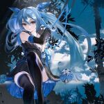  1girl :p arm_at_side arm_support bare_shoulders black_gloves black_shirt black_skirt black_thighhighs blue_eyes blue_hair blue_ribbon blue_sky blue_trim chromatic_aberration cloud elbow_gloves gloves hair_between_eyes hair_ribbon hand_up hatsune_miku highres hitorinbo_envy_(vocaloid) knee_up leaf light_particles long_hair looking_at_viewer outdoors plant pleated_skirt power_lines ribbon rumoon shirt sitting skirt sky sleeveless sleeveless_shirt solo thighhighs tongue tongue_out twintails two-sided_fabric two-sided_skirt utility_pole vocaloid zettai_ryouiki 