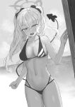 1girl absurdres akadashi1210 bikini blue_archive blush breasts commentary_request commission cowboy_shot demon_tail dutch_angle greyscale halo highres iori_(blue_archive) medium_breasts monochrome navel ocean open_mouth skeb_commission solo sweatdrop swimsuit tail tongue twintails 