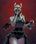  absurd_res anthro big_breasts blonde_hair blood bodily_fluids breasts canid canine canis clothing costume creepy dress elegant elenmory female fur goth hair halloween hi_res holidays lace mammal pinup pose scary skinny solo under_boob vampire wings wolf yellow_eyes 