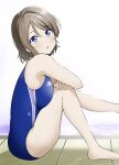  1girl barkhorn0331 blue_eyes blue_one-piece_swimsuit brown_hair competition_school_swimsuit highres looking_at_viewer love_live! love_live!_sunshine!! one-piece_swimsuit open_mouth school_swimsuit short_hair sitting solo swimsuit watanabe_you 