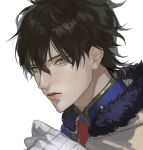  1boy bandaged_hand bandages black_clover black_hair capelet closed_mouth collared_shirt fur-trimmed_capelet fur_trim highres long_bangs looking_at_viewer male_focus shirt short_hair simple_background solo tdgypm white_background yellow_capelet yellow_eyes yuno_(black_clover) 
